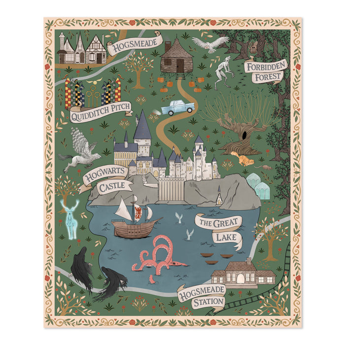 A square illustrated tapestry or print featuring a whimsical map-style scene of Hogwarts and surrounding magical locations, including Hogsmeade, Forbidden Forest, Quidditch Pitch, The Great Lake, and Hogwarts Station, with birds, trees, boats, and a castle on a green background.