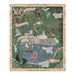 A square illustrated tapestry or print featuring a whimsical map-style scene of Hogwarts and surrounding magical locations, including Hogsmeade, Forbidden Forest, Quidditch Pitch, The Great Lake, and Hogwarts Station, with birds, trees, boats, and a castle on a green background.