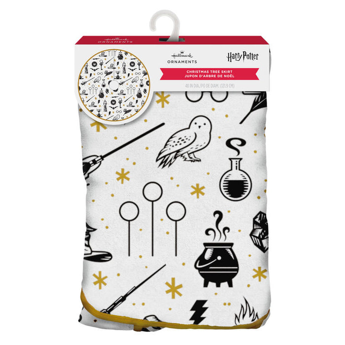 Packaged Christmas tree skirt with Harry Potter-themed design on a white background