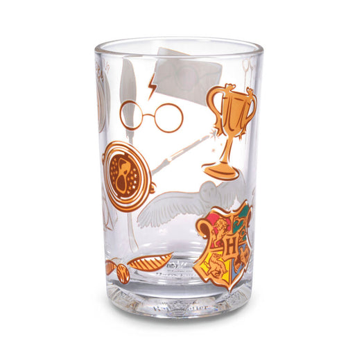 Clear glass tumbler with Harry Potter-themed illustrations on a white background