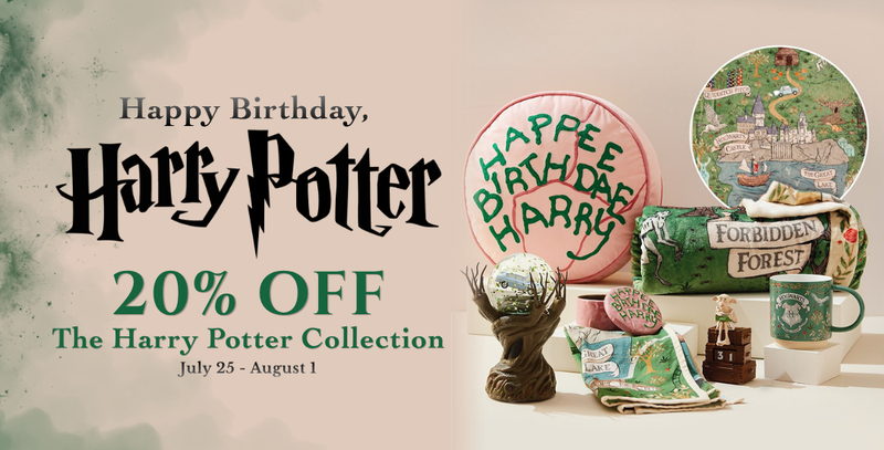 Promotional banner for Harry Potter collection with text reading 'Happy Birthday, Harry Potter, 20% OFF The Harry Potter Collection' and several themed items including a pink 'Happy Birthday Harry' plaque, a green 'Forbidden Forest' pouch, a map, a small figurine, and a mug on a beige background.