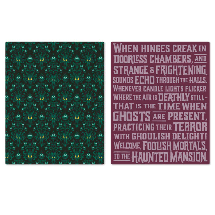 Two rectangular decorative panels shown on a white background: the left panel has a dark green and teal repeating haunted-house pattern with small yellow accents, and the right panel has a burgundy background with white horror-themed text.