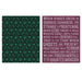 Two rectangular decorative panels shown on a white background: the left panel has a dark green and teal repeating haunted-house pattern with small yellow accents, and the right panel has a burgundy background with white horror-themed text.