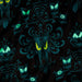 A close-up of a black fabric with a repeating gothic pattern featuring dark teal ornate motifs and glowing green and yellow eyes.