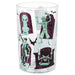 A clear glass tumbler featuring a Halloween-themed graphic print with green and purple tombstone illustrations, bat silhouettes, and spooky character designs on a white background.