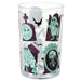 A clear glass tumbler featuring a Halloween-themed print with green and purple illustrations of classic horror characters, tombstones, bats, and a ghostly figure, shown on a plain white background.