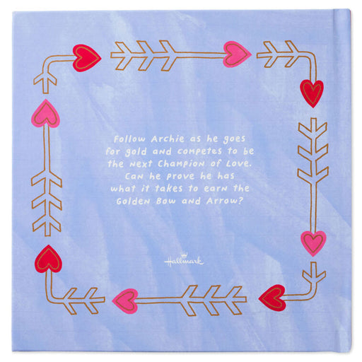Book cover with heart and arrow designs on a blue background