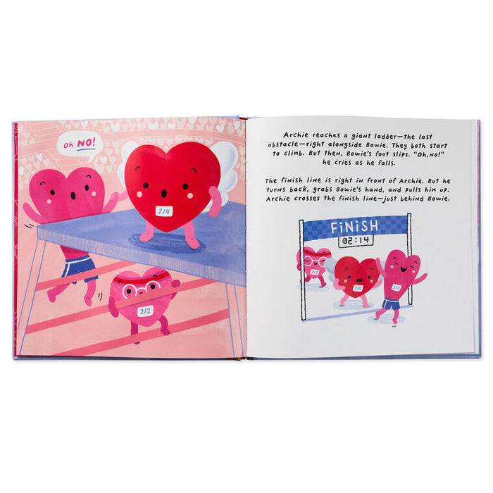 Illustrated book open to a page with heart-shaped characters on a race track.