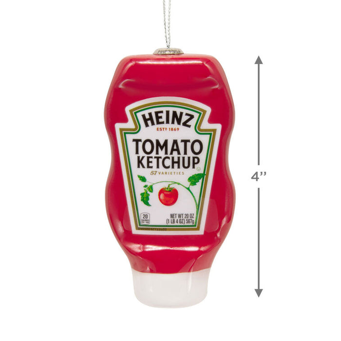 Heinz Tomato Ketchup bottle ornament with dimensions on a white background