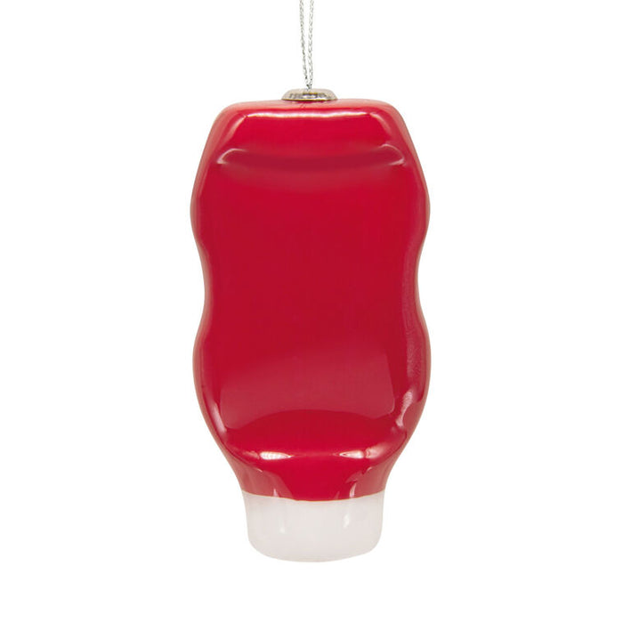 Red ketchup bottle ornament on a white background