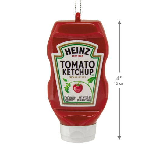 Heinz Tomato Ketchup hanging ornament shaped like a squeeze bottle, shown with a dimension marker indicating 4 inches (10 cm) height on a white background.