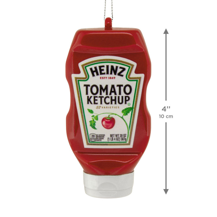 Heinz Tomato Ketchup hanging ornament shaped like a squeeze bottle, shown with a dimension marker indicating 4 inches (10 cm) height on a white background.