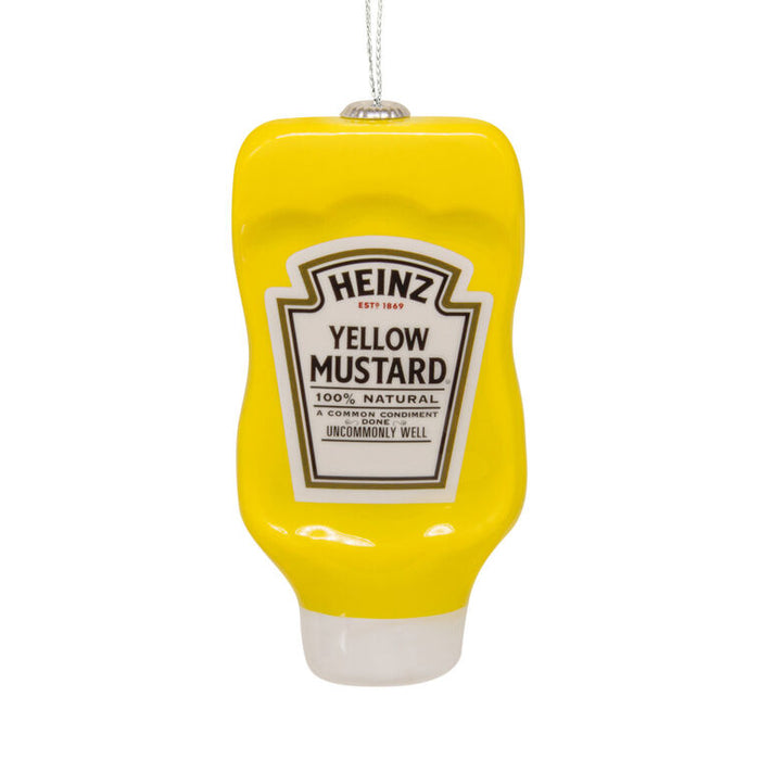 Heinz Yellow Mustard bottle-shaped ornament on a white background