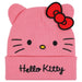 Pink beanie with Hello Kitty face and red bow on a white background