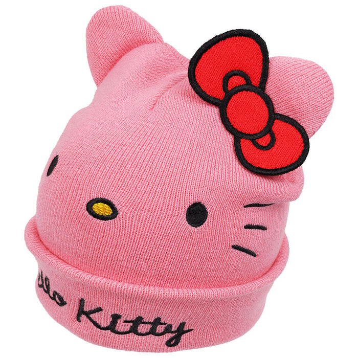 Pink Hello Kitty beanie with a red bow on a white background