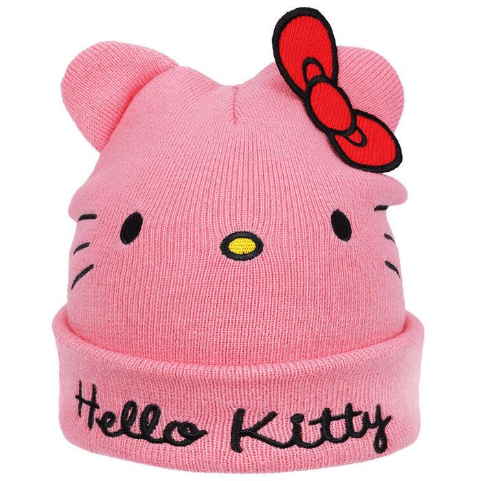 Pink Hello Kitty beanie with a red bow on a white background