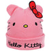 Pink Hello Kitty beanie with a red bow on a white background