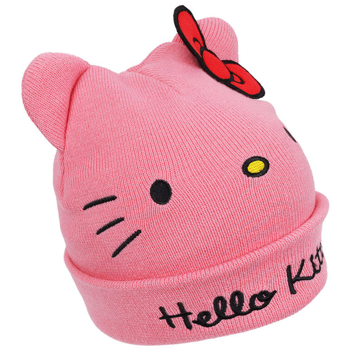 Pink 'Hello Kitty' beanie with a red bow on a white background