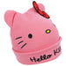 Pink 'Hello Kitty' beanie with a red bow on a white background