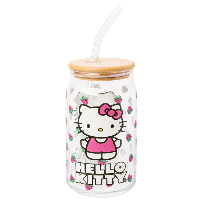 Hello Kitty Strawberry Toss 16oz Glass Tumbler w/ Bamboo Lid