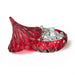 Red glass candy dish with clear candies on a white background