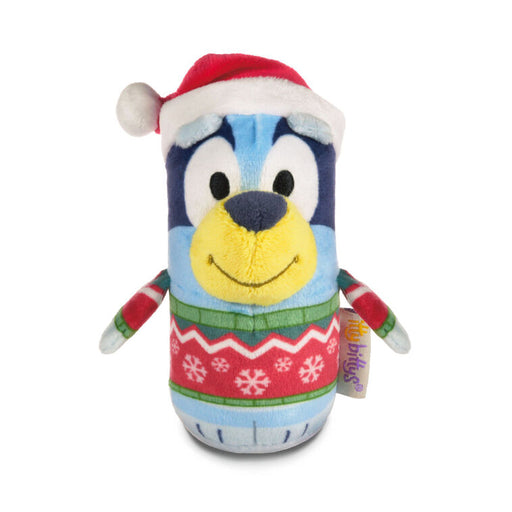Plush toy with a cartoon character wearing a Santa hat and Christmas sweater on a white background