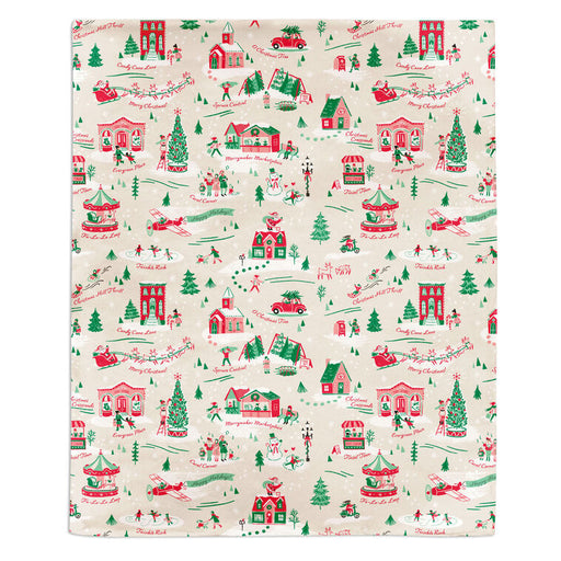 Christmas-themed wrapping paper with festive illustrations on a white background