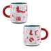 Two mugs with red and green handles featuring cartoon character designs on a white background.