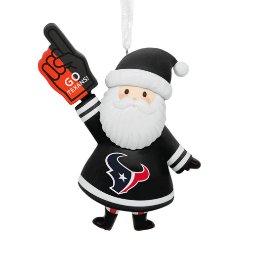 A Houston Texans-themed Santa Claus ornament wearing a black jersey with the team logo, holding a foam finger that says 'GO TECKANS!'.