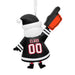 A personalized Christmas ornament shaped like Santa Claus from behind, wearing a black hockey-style jersey with 'CLAUS' and '00' on the back, a Santa hat, and holding an orange foam finger, shown on a white background.