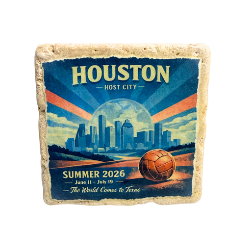 Decorative coaster with Houston 2026 World Cup design featuring a city skyline and soccer ball.