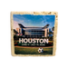 Coaster printed image of a building and text on a white background