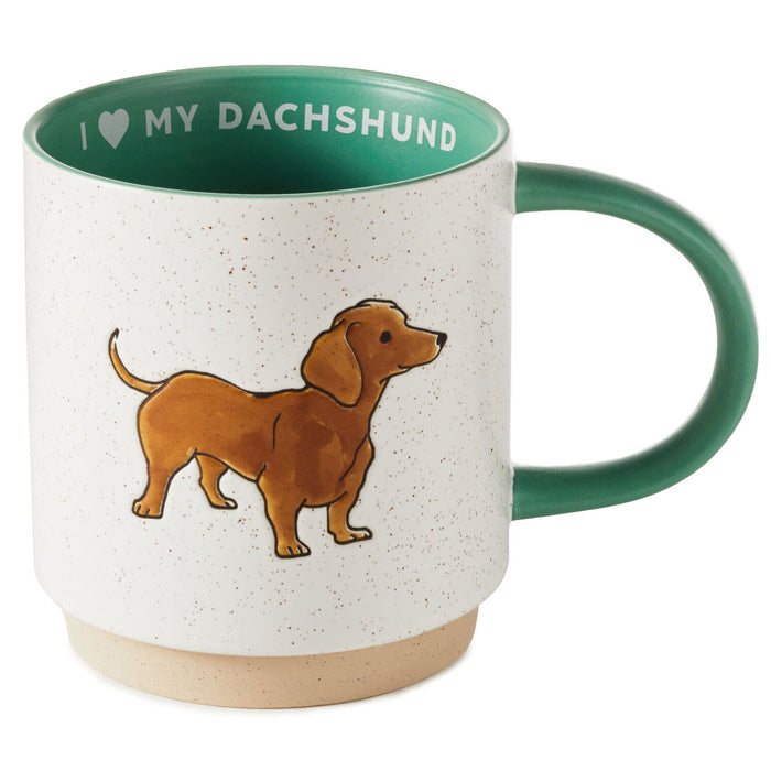 Mug with a dachshund illustration and 'I love my dachshund' text on a white background