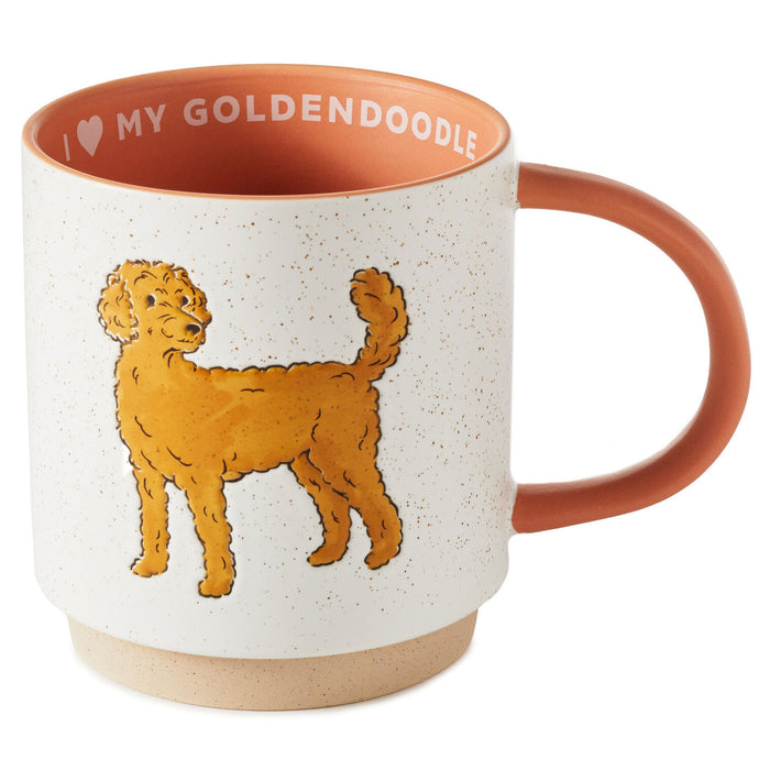 Mug with a goldendoodle illustration and 'I love my goldendoodle' text on a white background