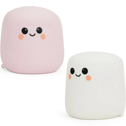 Two cute marshmallow-shaped poufs or small pillows on a white background, one light pink and one white, both with simple black cartoon eyes and smiling mouths plus peach rosy cheeks.