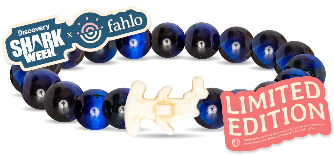 Blue beaded bracelet with a shark figure and 'Limited Edition' label, featuring Discovery Shark Week and Fahlo logos.