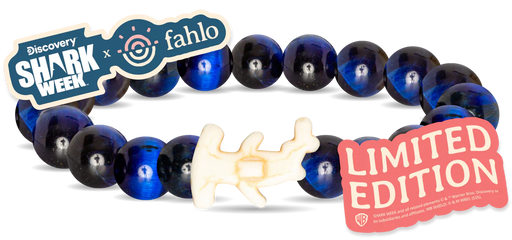 Blue beaded bracelet with a shark figure and 'Limited Edition' label, featuring Discovery Shark Week and Fahlo logos.
