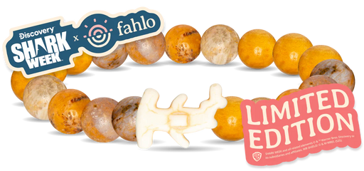 Shark Week x Fahlo bracelet with limited edition label on a white background