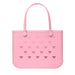 Pink tote bag with bow pattern on a white background