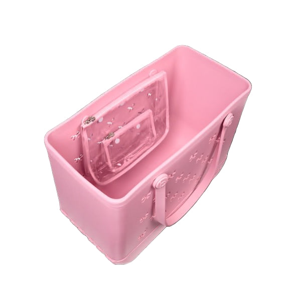 Pink pet carrier with transparent front on a white background
