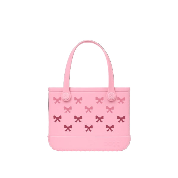 Pink handbag with bow patterns on a white background