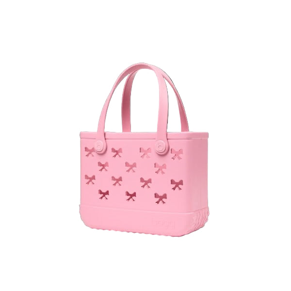 Pink handbag with bow designs on a white background