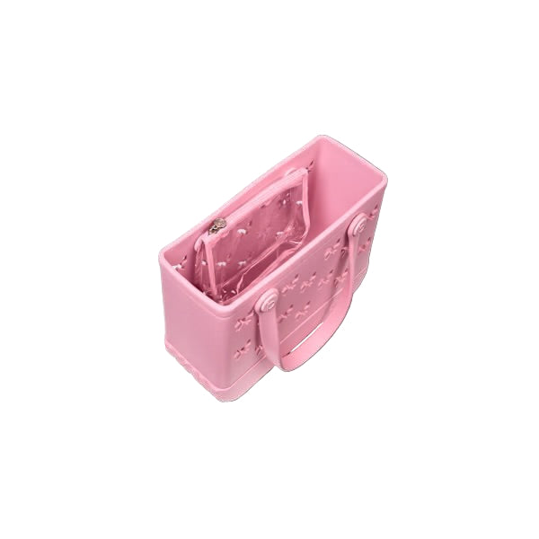 Pink handbag with floral pattern on a white background