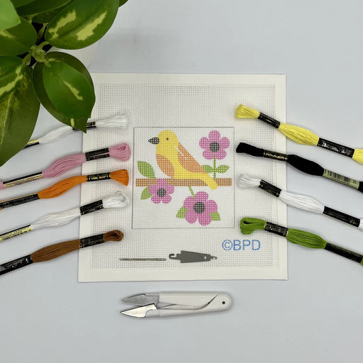 Yellowbird with Pink Flowers Needlepoint Kit