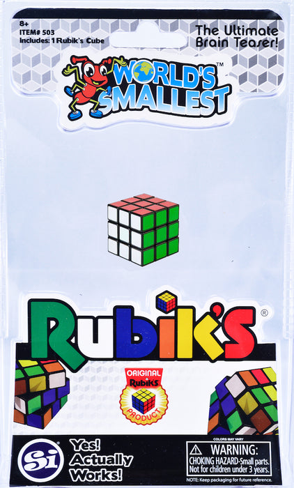 Packaging of the world's smallest Rubik's Cube with branding and product details.