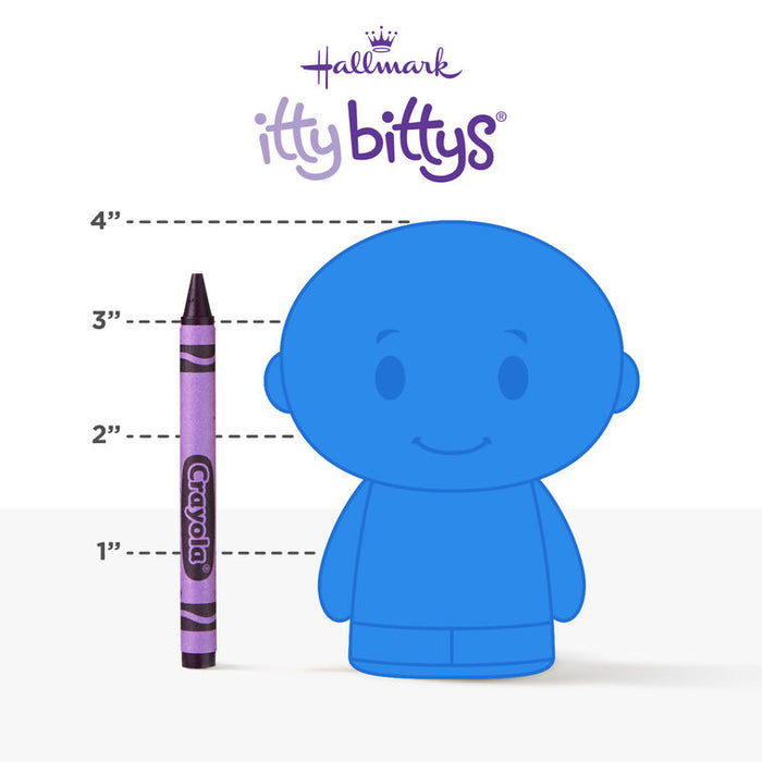 Blue itty bittys toy next to a Crayola crayon for size comparison on a white background with Hallmark logo.