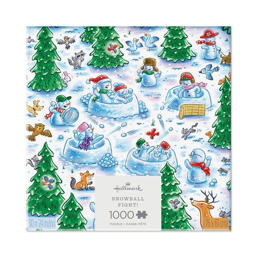 Hallmark 1000-piece Snowball Fight jigsaw puzzle box featuring a whimsical winter illustration with snowmen, ice tubes, evergreen trees, and playful animals on a white background.