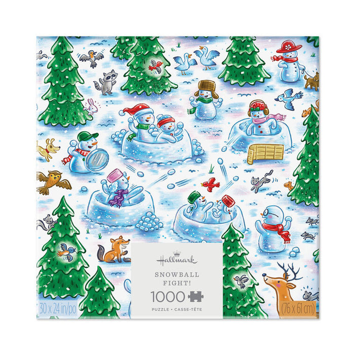 Hallmark 1000-piece Snowball Fight jigsaw puzzle box featuring a whimsical winter illustration with snowmen, ice tubes, evergreen trees, and playful animals on a white background.