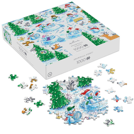 A 1000-piece jigsaw puzzle set shown with its illustrated box, a partially assembled puzzle piece cluster, and a few loose pieces on a white background. The artwork depicts a snowy winter scene with animals playing outdoors.