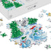 A 1000-piece jigsaw puzzle box labeled 'SNOWBALL FIGHT!' is shown partly opened, with several puzzle pieces scattered around it on a white background. The completed section depicts a winter scene with snowmen, evergreen trees, and a raccoon in a snowy setting.